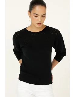 3/4 SLEEVE RIPPLE KNIT TOP IN BLACK