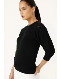 3/4 SLEEVE RIPPLE KNIT TOP IN BLACK