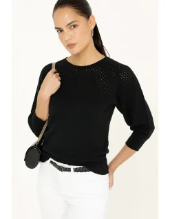 3/4 SLEEVE RIPPLE KNIT TOP IN BLACK