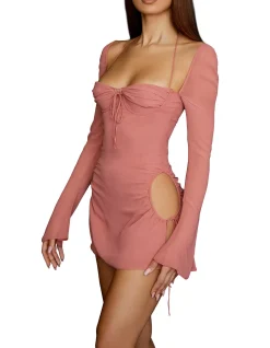 Baby Pink Chiffon Cutout Halter Mini Dress