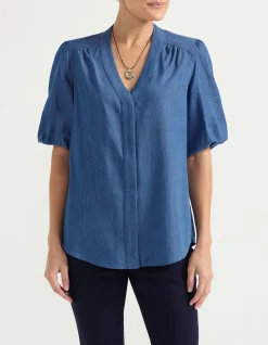 BALLOON SLEEVE CHAMBRAY TOP