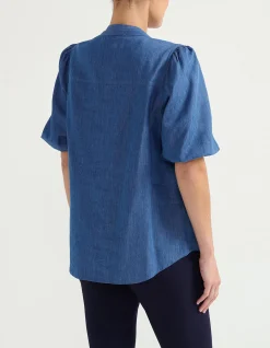 BALLOON SLEEVE CHAMBRAY TOP