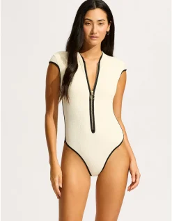 Beach Bound Cap Sleeve Zip Front One Piece
