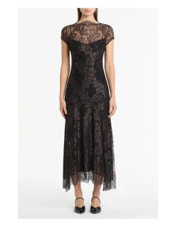 BLACK METALLIC LACE CAP SLEEVE MIDI DRESS