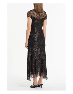 BLACK METALLIC LACE CAP SLEEVE MIDI DRESS