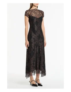 BLACK METALLIC LACE CAP SLEEVE MIDI DRESS