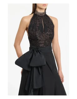 BLACK METALLIC LACE HALTER TOP