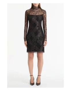 BLACK METALLIC LACE LONG SLEEVED SHORT DRESS