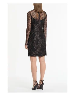 BLACK METALLIC LACE LONG SLEEVED SHORT DRESS