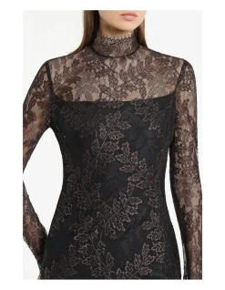 BLACK METALLIC LACE LONG SLEEVED SHORT DRESS