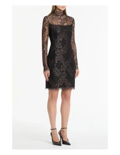 BLACK METALLIC LACE LONG SLEEVED SHORT DRESS