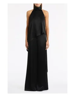 BLACK SATIN ACETATE DRAPED ASYMMETRIC TOP