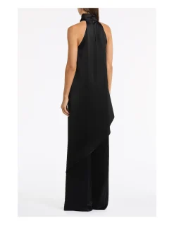 BLACK SATIN ACETATE DRAPED ASYMMETRIC TOP
