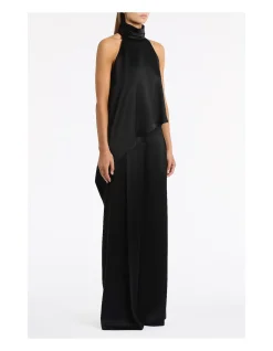 BLACK SATIN ACETATE DRAPED ASYMMETRIC TOP