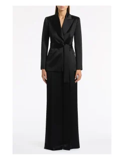 BLACK SATIN ACETATE TIE WAIST BLAZER