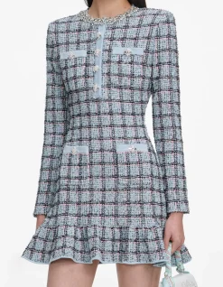BLUE CHECK KNIT MINI DRESS