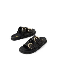 Britmi Woven Twin Buckle Leather Slides