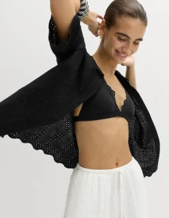 Broderie Collared Cutwork Detail Shirt with Linen