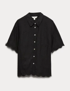 Broderie Collared Cutwork Detail Shirt with Linen