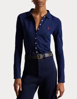 BUTTONED-PLACKET LONG-SLEEVE POLO SHIRT