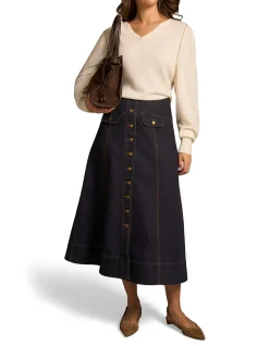 Button Front Denim Skirt - Dark Denim