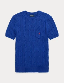 CABLE-KNIT COTTON SHORT-SLEEVE SWEATER