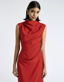 CHERRY CREPE DRAPED MIDI DRESS