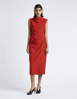 CHERRY CREPE DRAPED MIDI DRESS
