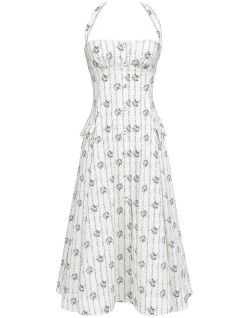 CLAUDIA STRETCH COTTON HALTER NECK MIDI DRESS