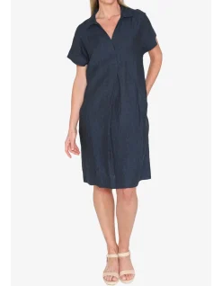 Collared Open Neck Linen Shift Dress