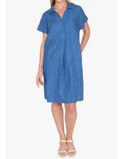 Collared Open Neck Linen Shift Dress