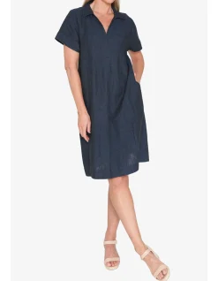 Collared Open Neck Linen Shift Dress