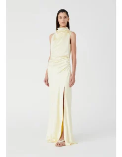 CONSTANTINA HIGH NECK DRAPE BACK SATIN MAXI DRESS