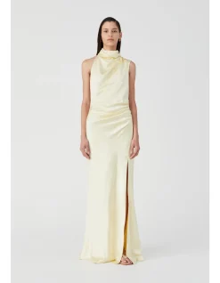 CONSTANTINA HIGH NECK DRAPE BACK SATIN MAXI DRESS