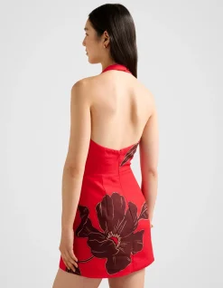 CORINNA PRINTED LINEN HALTER NECK MINI DRESS