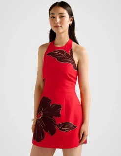 CORINNA PRINTED LINEN HALTER NECK MINI DRESS