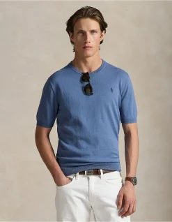 Cotton Crewneck Short-Sleeve Sweater