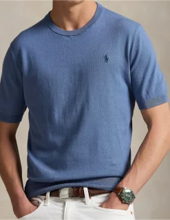Cotton Crewneck Short-Sleeve Sweater