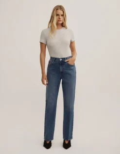 Crease Front High Rise Straight Leg Jeans