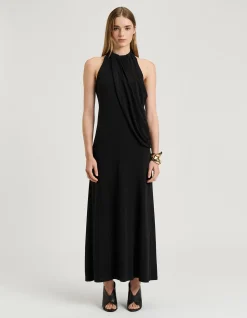 CREPE JERSEY DRAPED HALTER DRESS