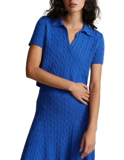 CROPPED CABLE-KNIT POLO SWEATER