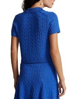 CROPPED CABLE-KNIT POLO SWEATER
