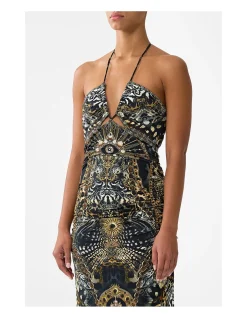CUT OUT SLEEVELESS JERSEY HALTER NECK DRESS