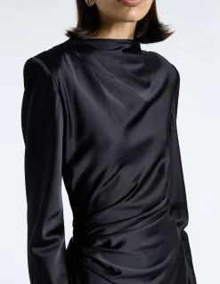 DARK INK MATTE SATIN VISCOSE GATHERED MIDI DRESS
