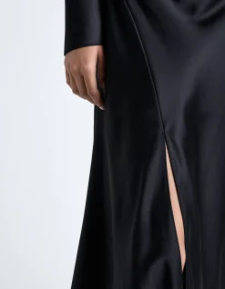 DARK INK MATTE SATIN VISCOSE GATHERED MIDI DRESS