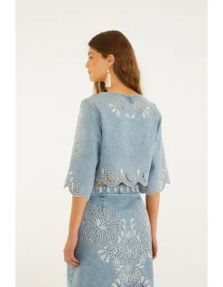 DENIM RICHELIEUX CROPPED BLOUSE