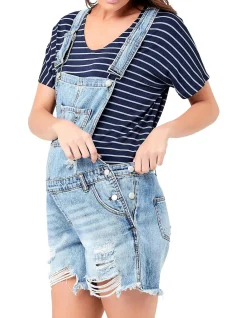 Denim Short Overalls With Adjustable Straps Pale Blue