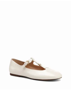 Devorah Off White Leather T-Bar Flat