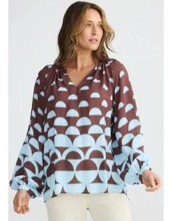 Diego Blue Brown Geo V Neck Raglan Top