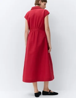 ELEGANT COLLARED BREEZY LINEN COTTON MIDI DRESS